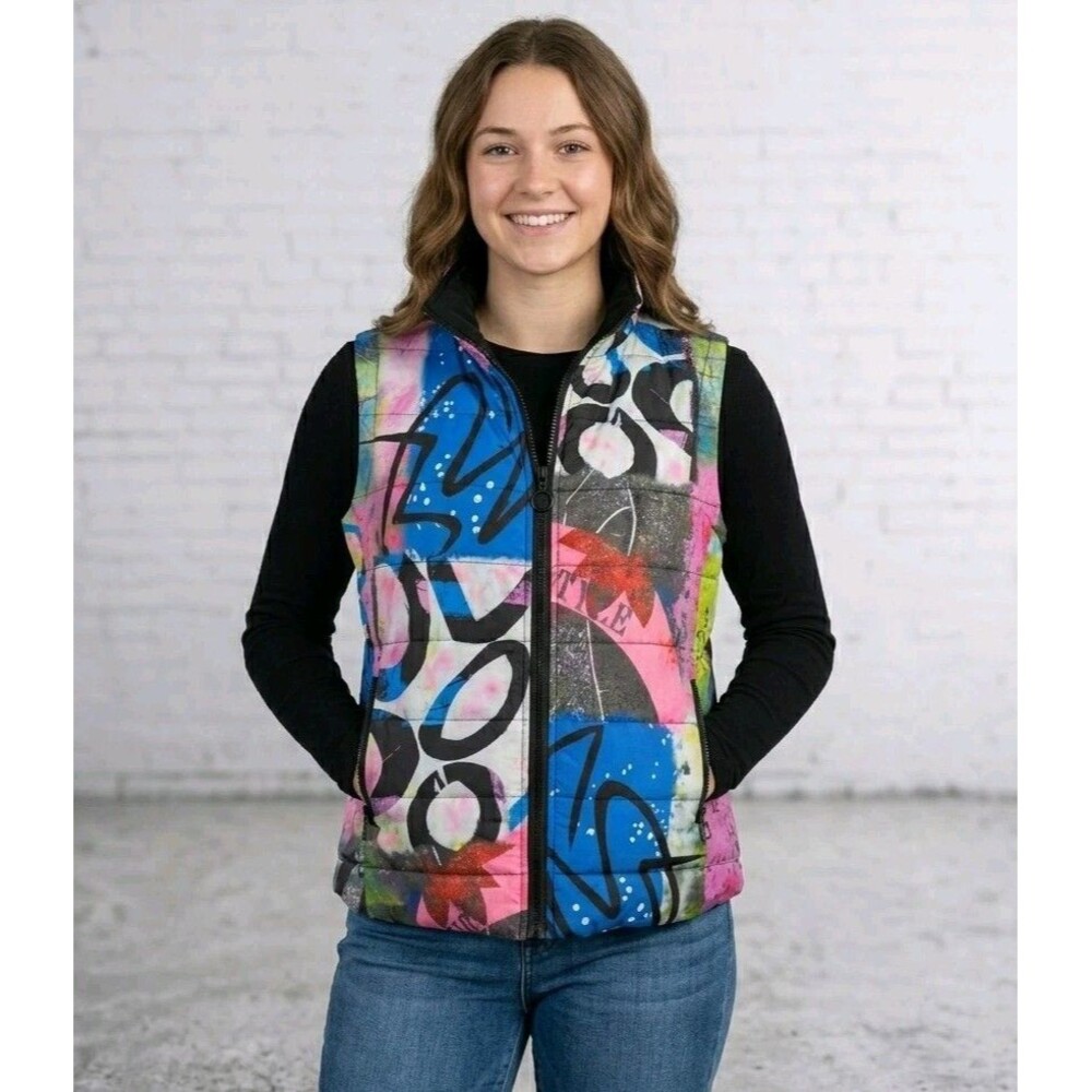 NWT Ali Miles Reversible Puffer Vest Small Abstract Graffiti Print Full Zip